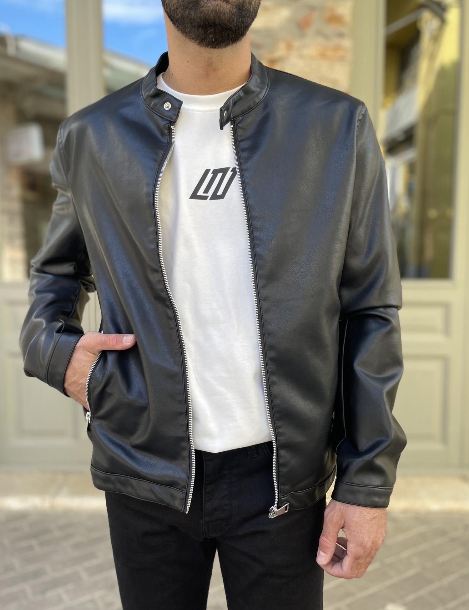Bread and Buttons Bread and Buttons ανδρικό μαύρο Jacket από δερματίνη με μάο γιακά G12317